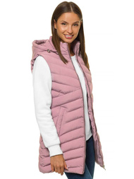 Kamizelka damska długa pikowana z kapturem pudrowa OZONEE N/6805/5