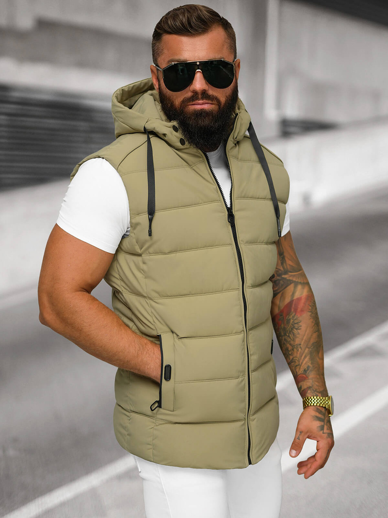 Kamizelka męska pikowana z kapturem beżowa OZONEE JS/57M7507/62