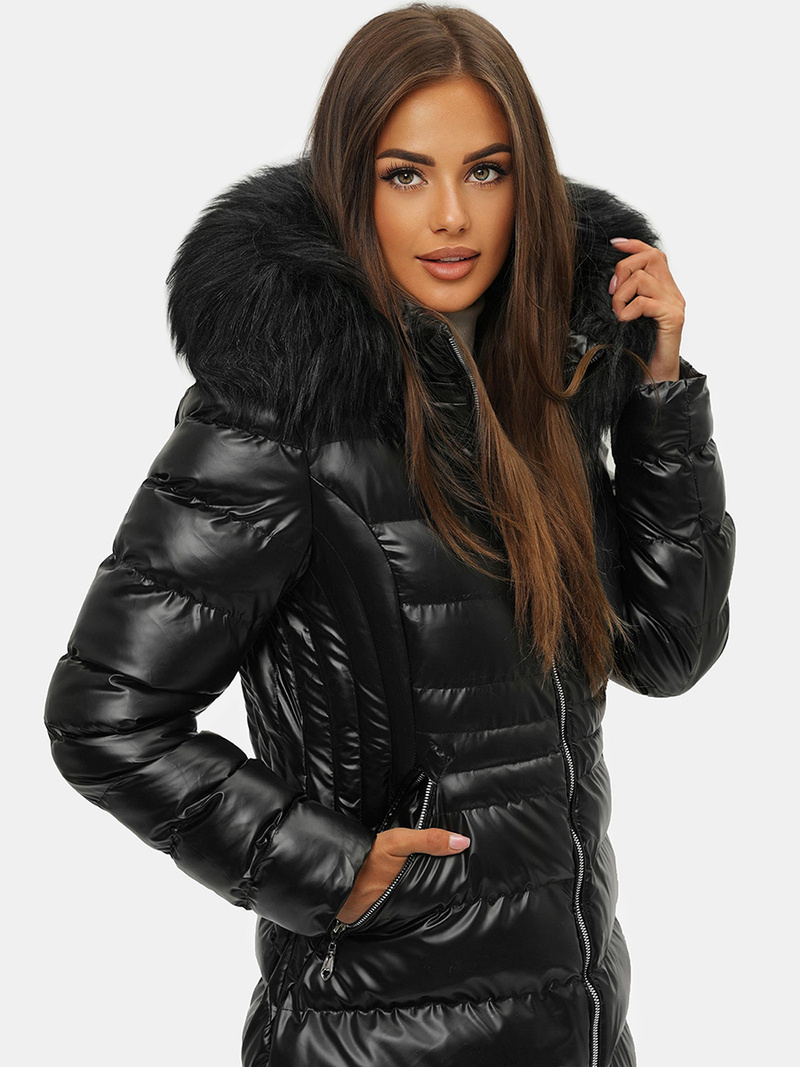 Kurtka zimowa damska z futerkiem czarna OZONEE JS/M777/392A