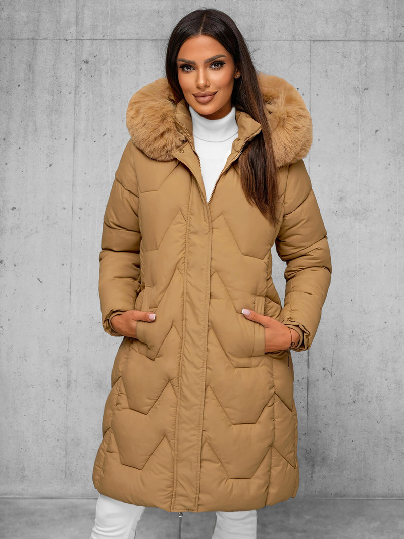 Kurtka zimowa damska długa z futerkiem beżowa OZONEE JS/16M9202/62Z
