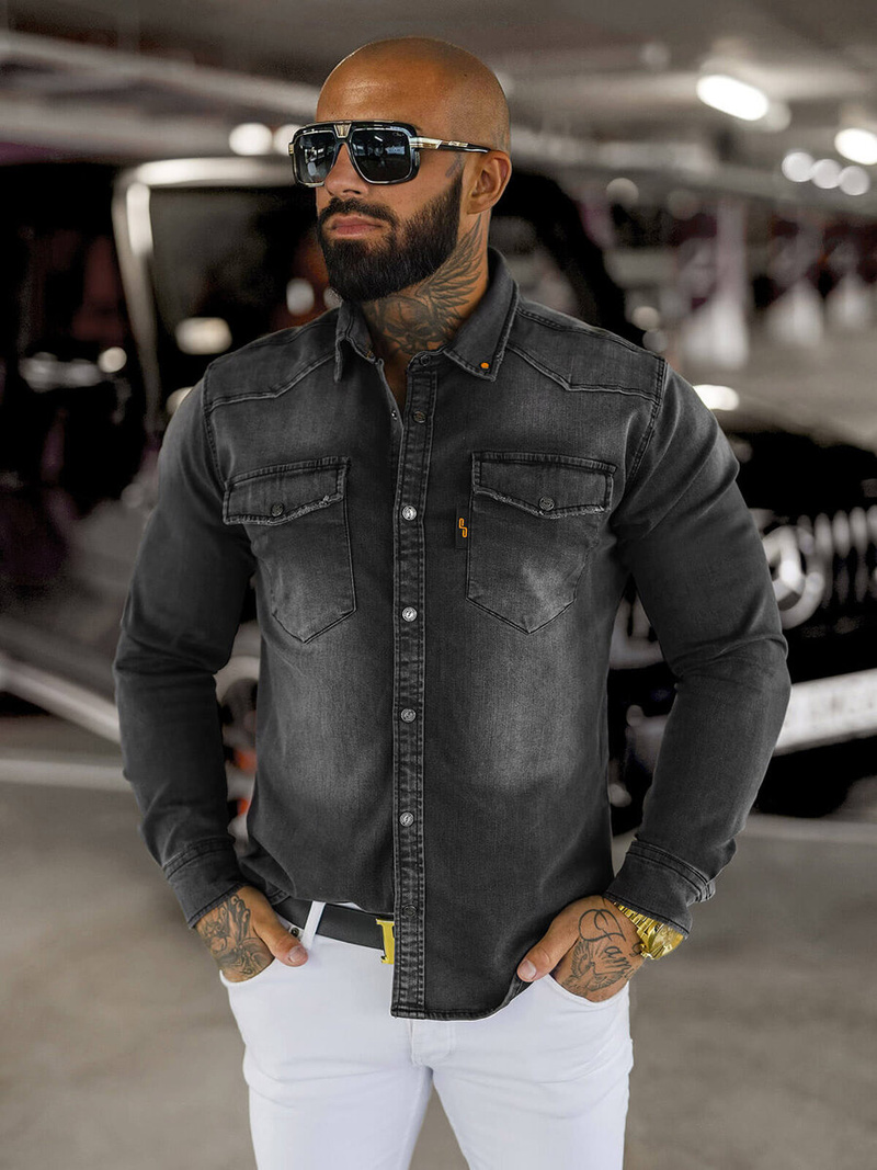 Чоловіча джинсова сорочка графіт OZONEE O/51413