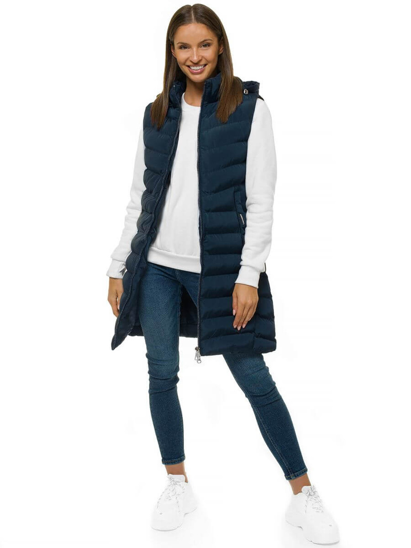 Kamizelka damska długa pikowana z kapturem granatowa OZONEE N/6811/2