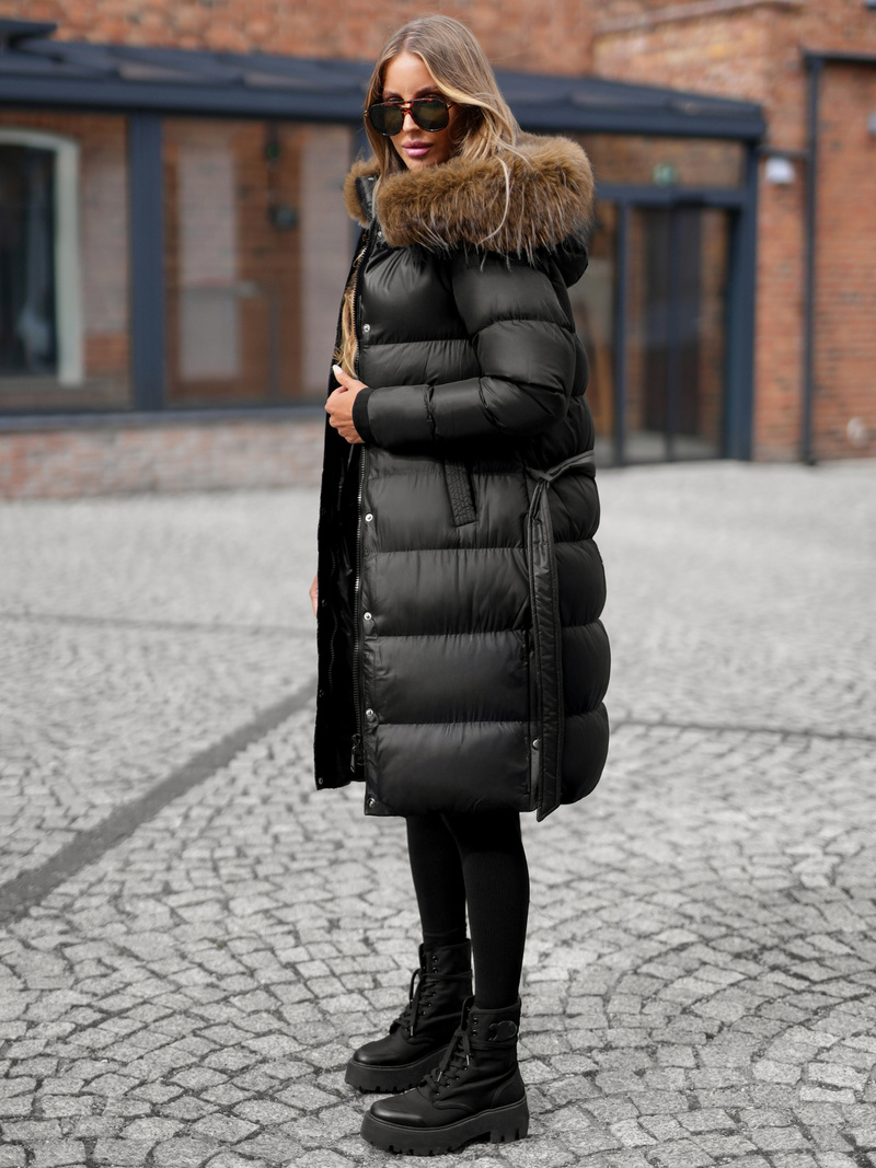 Kurtka zimowa damska długa z futerkiem czarna OZONEE JS/5M3298/392Z