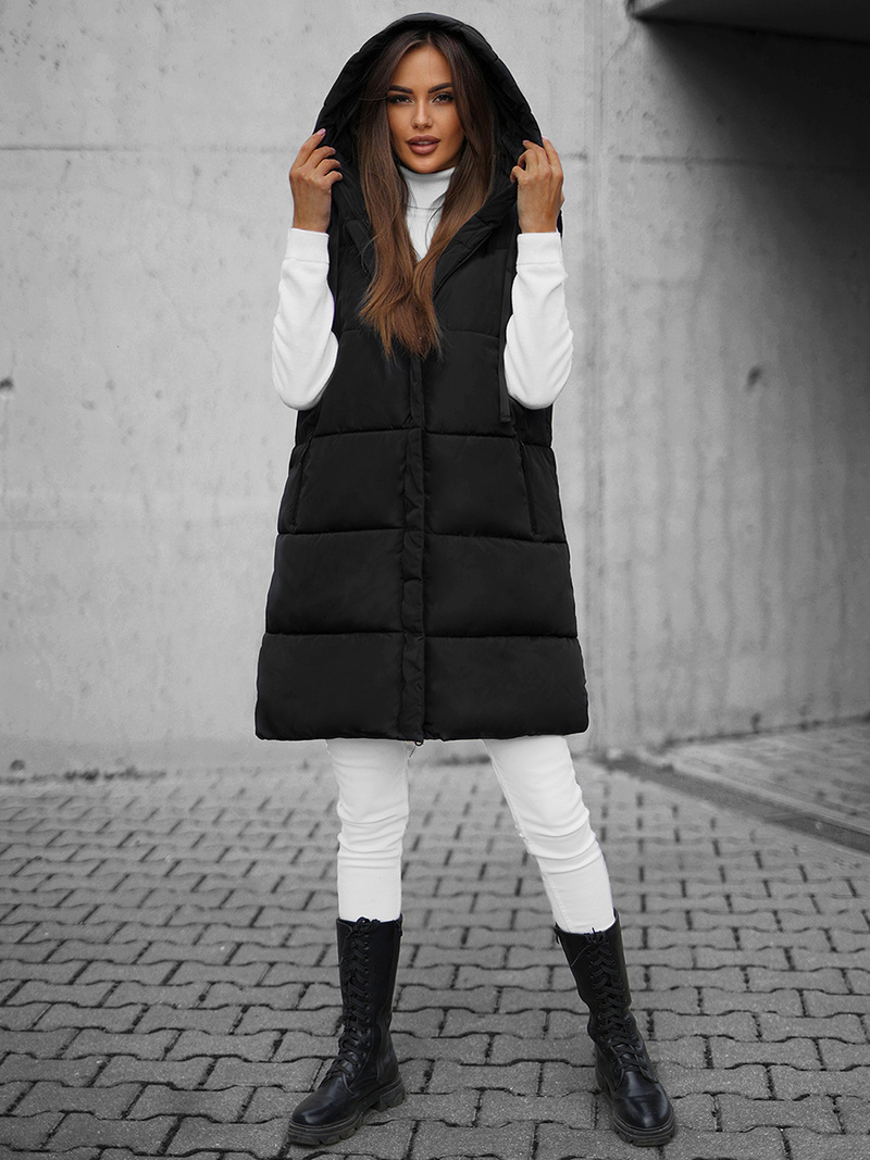 Kamizelka damska długa pikowana z kapturem czarna OZONEE O/81266Z