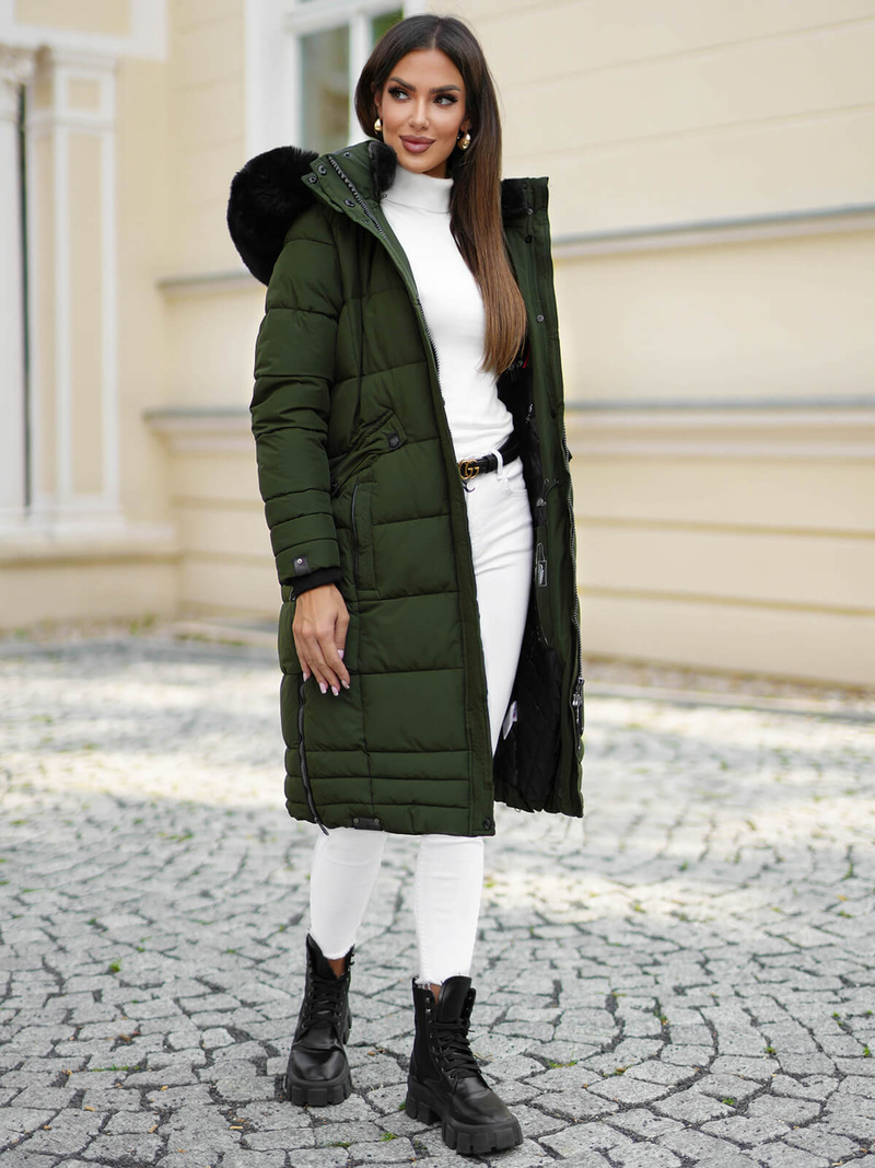 Kurtka zimowa damska długa pikowana khaki OZONEE O/W377Z