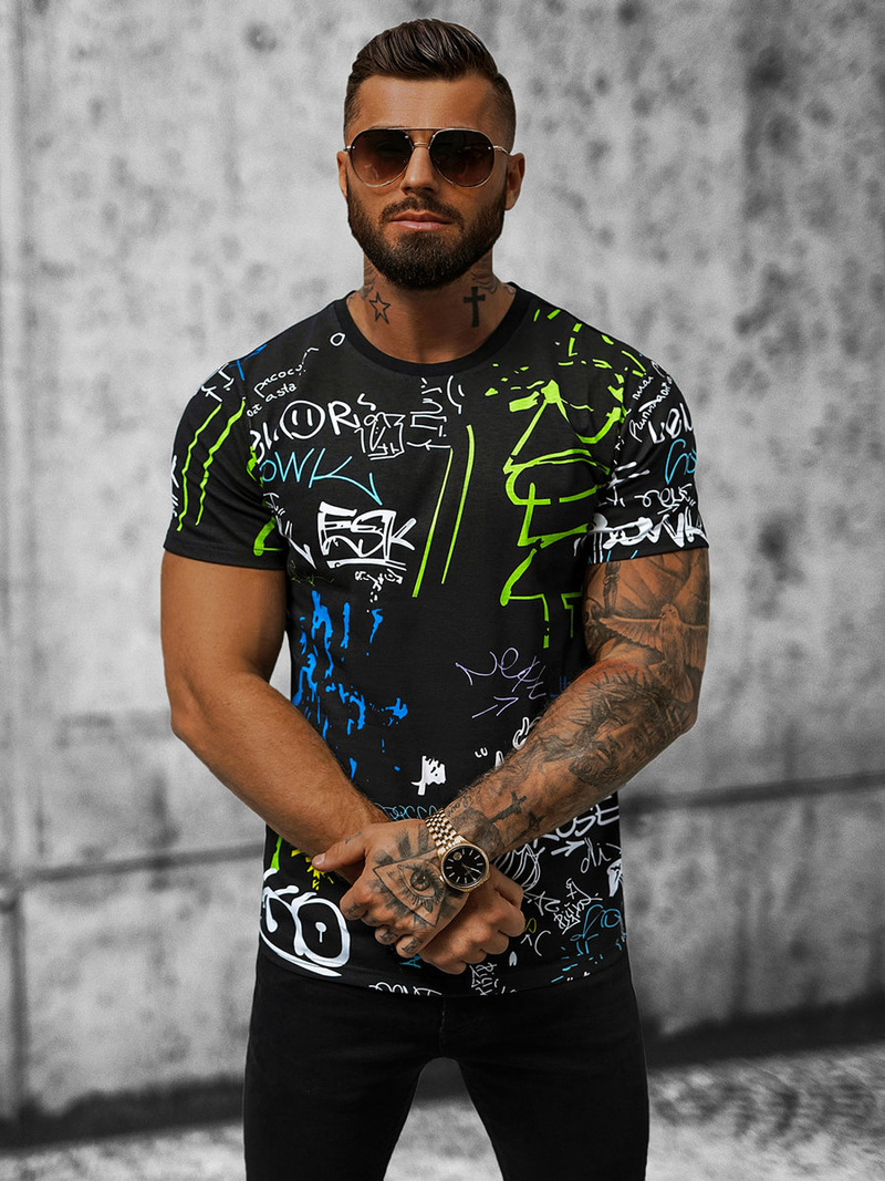 T-shirt męski czarno-zielony OZONEE JS/8T968