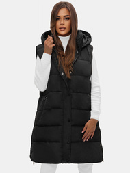 Kamizelka damska długa pikowana z kapturem czarna OZONEE O/81276