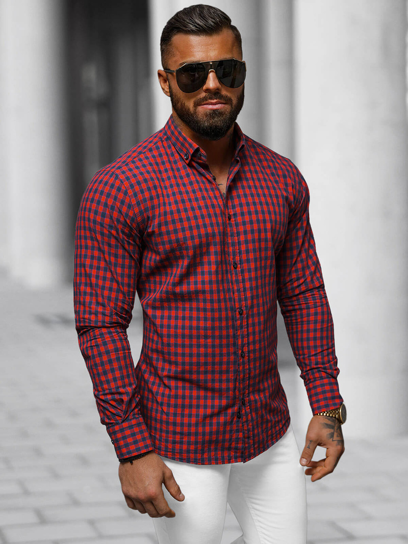 Koszula męska w kratę czerwona OZONEE O/V95