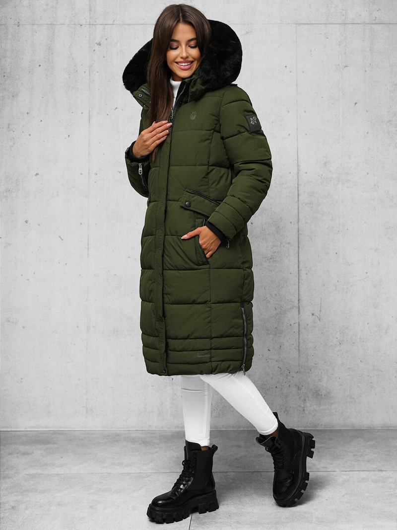 Kurtka zimowa damska długa pikowana khaki OZONEE O/W377