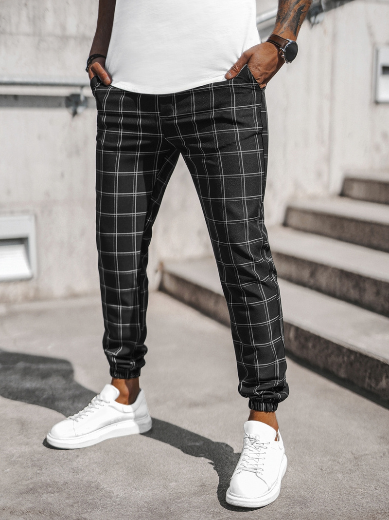 Spodnie męskie chino joggery w kratę czarne OZONEE DJ/2285/22Z
