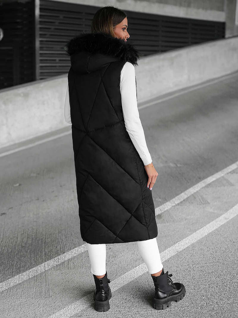 Kamizelka damska długa pikowana z futerkiem czarna OZONEE JS/5M3166/392Z