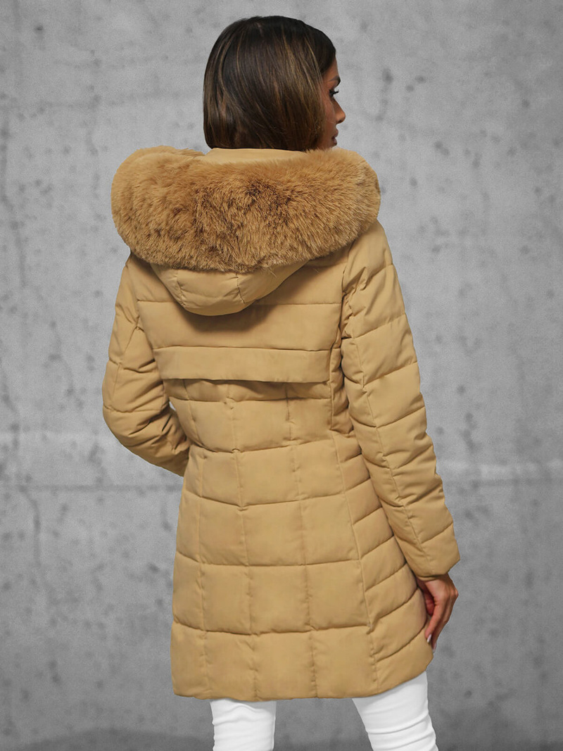 Kurtka zimowa damska długa z futerkiem beżowa OZONEE JS/16M9119/62