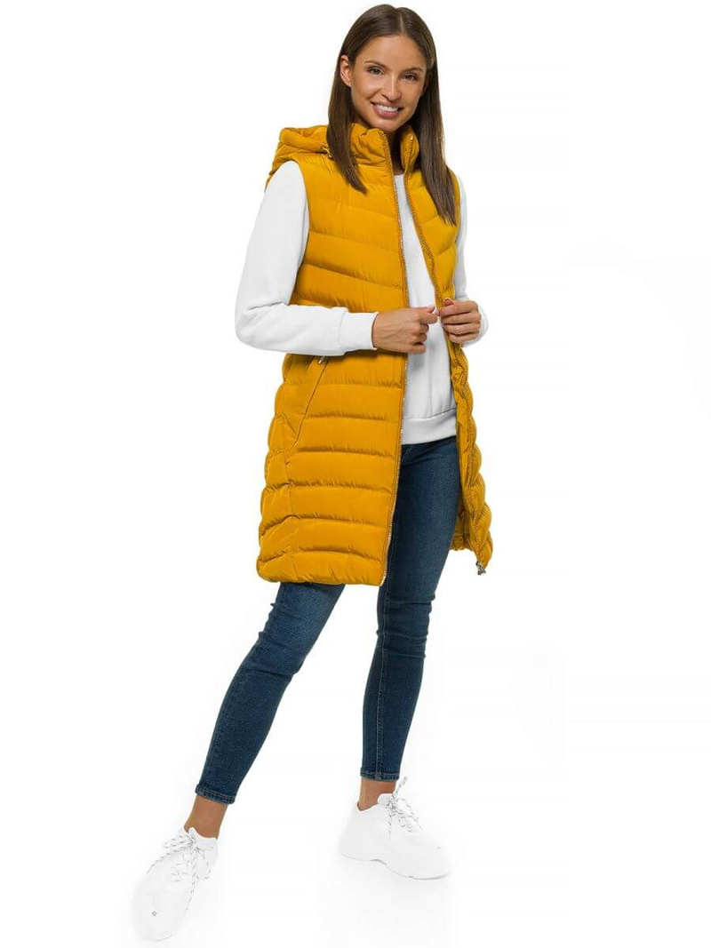 Kamizelka damska długa pikowana z kapturem camelowa OZONEE N/6811/4