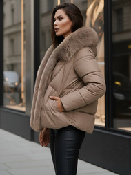 Kurtka zimowa damska z futerkiem ciemno-beżowa OZONEE O/16M9179/84