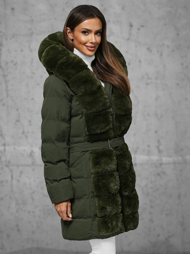 Kurtka zimowa damska długa z futerkiem ciemno-zielona OZONEE JS/5M3158/136