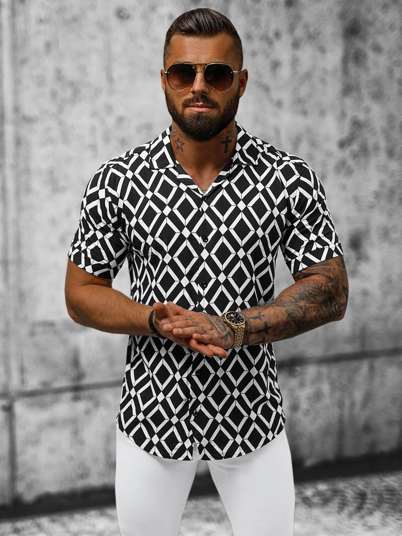 Koszula męska z krótkim rękawem czarno-biała OZONEE E/1400/227Z