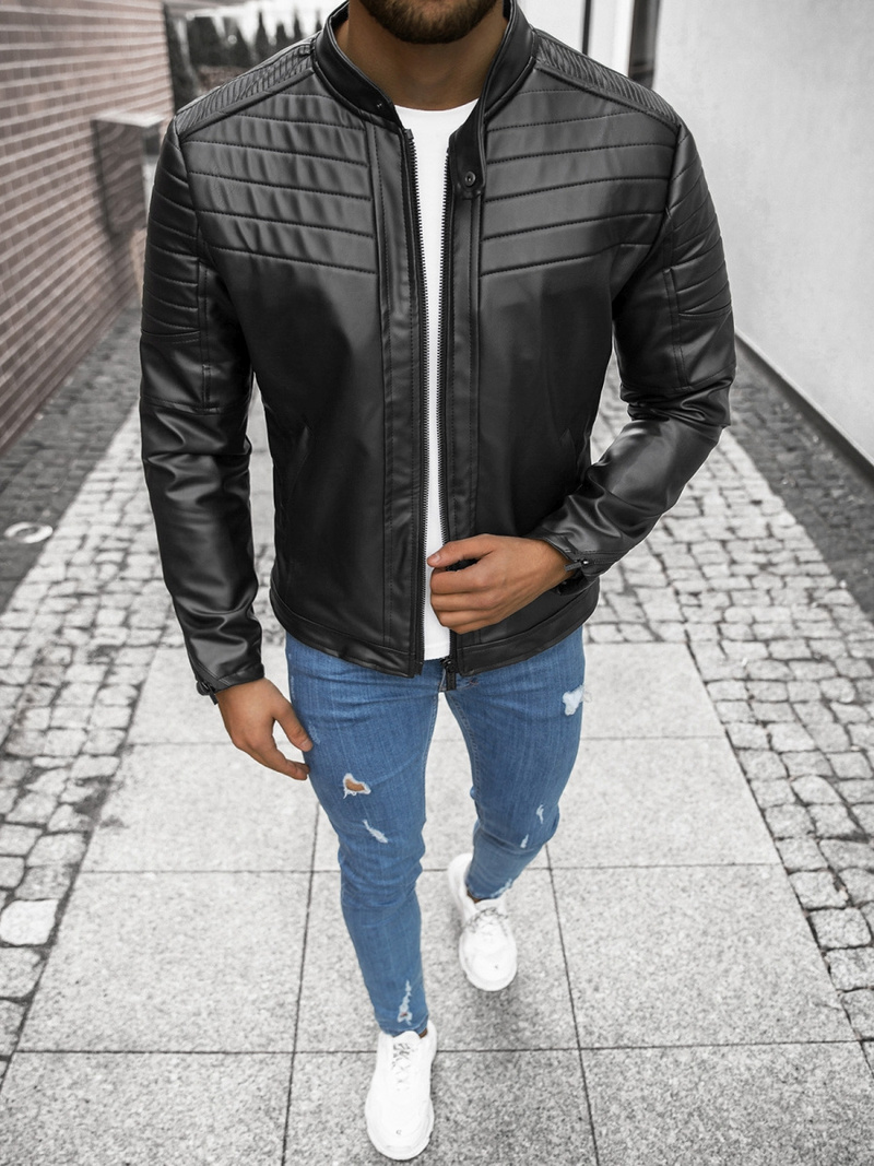 Kurtka skórzana męska ramoneska czarna OZONEE O/9027