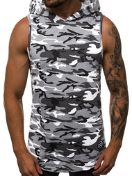 Koszulka bez rękawów z kapturem męska biało-szary-moro OZONEE O/2537 