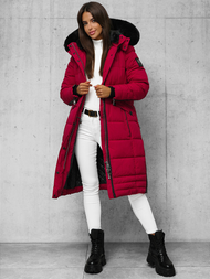 Kurtka zimowa damska długa pikowana ciemno-czerwona OZONEE O/W377