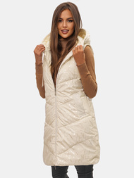 Kamizelka damska dwustronna długa pikowana z kapturem ecru OZONEE O/DK118/10