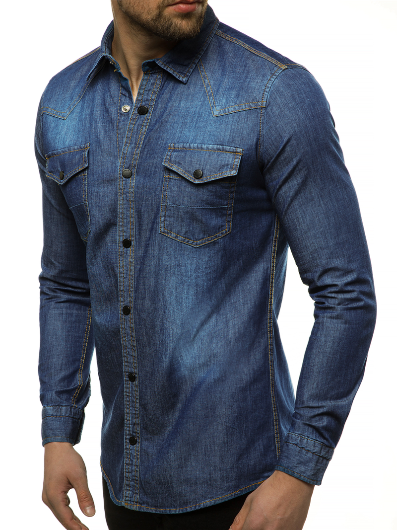 Koszula męska jeansowa ciemno-niebieska OZONEE R/3053