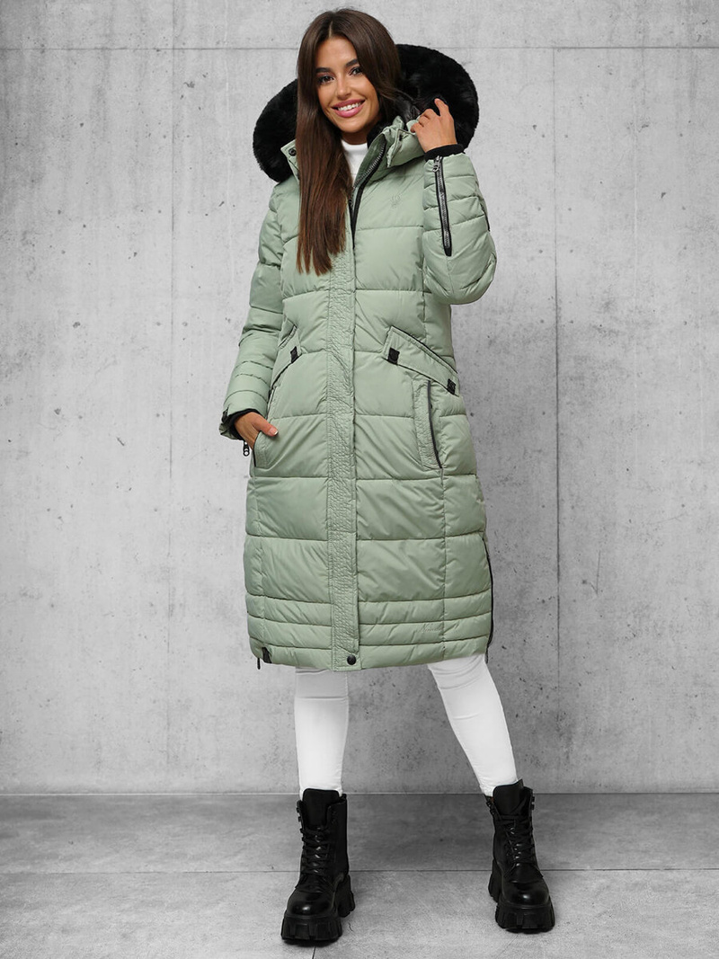 Kurtka zimowa damska długa pikowana miętowa OZONEE O/W377