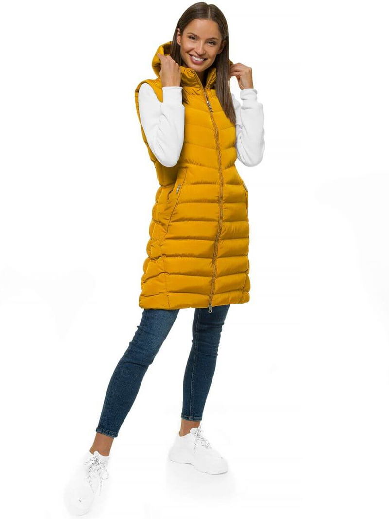 Kamizelka damska długa pikowana z kapturem camelowa OZONEE N/6811/4