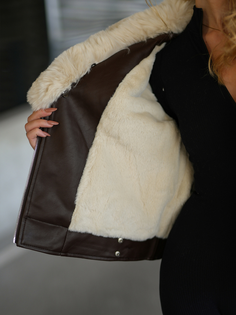 Kurtka skórzana damska z futerkiem czekoladowa OZONEE JS/61M8508/158