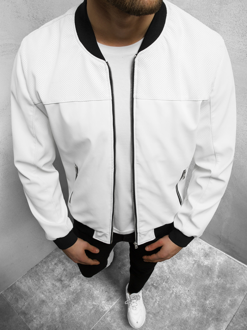 Kurtka przejściowa skórzana męska bomberka biała OZONEE N/6705