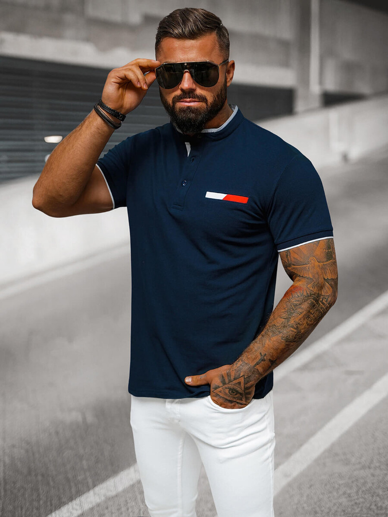 Koszulka męska polo ze stójka granatowa OZONEE O/DA711