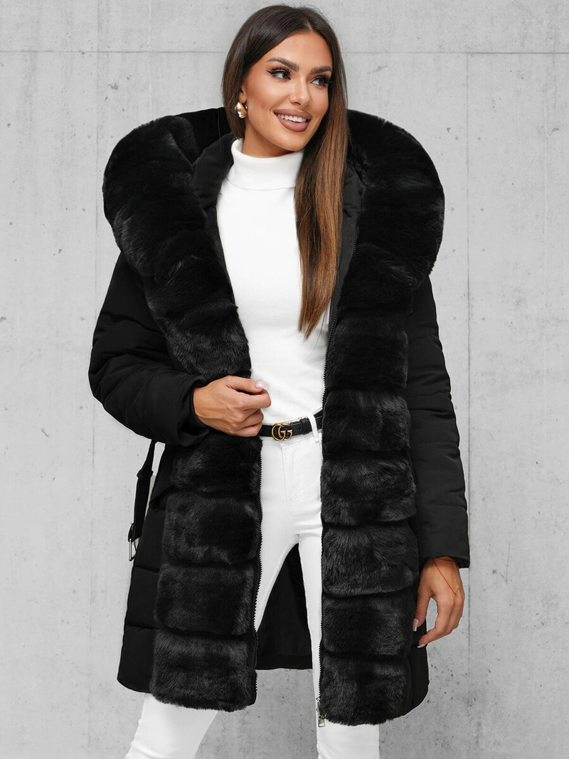 Kurtka zimowa damska długa z futerkiem czarna OZONEE JS/11Z8096Z