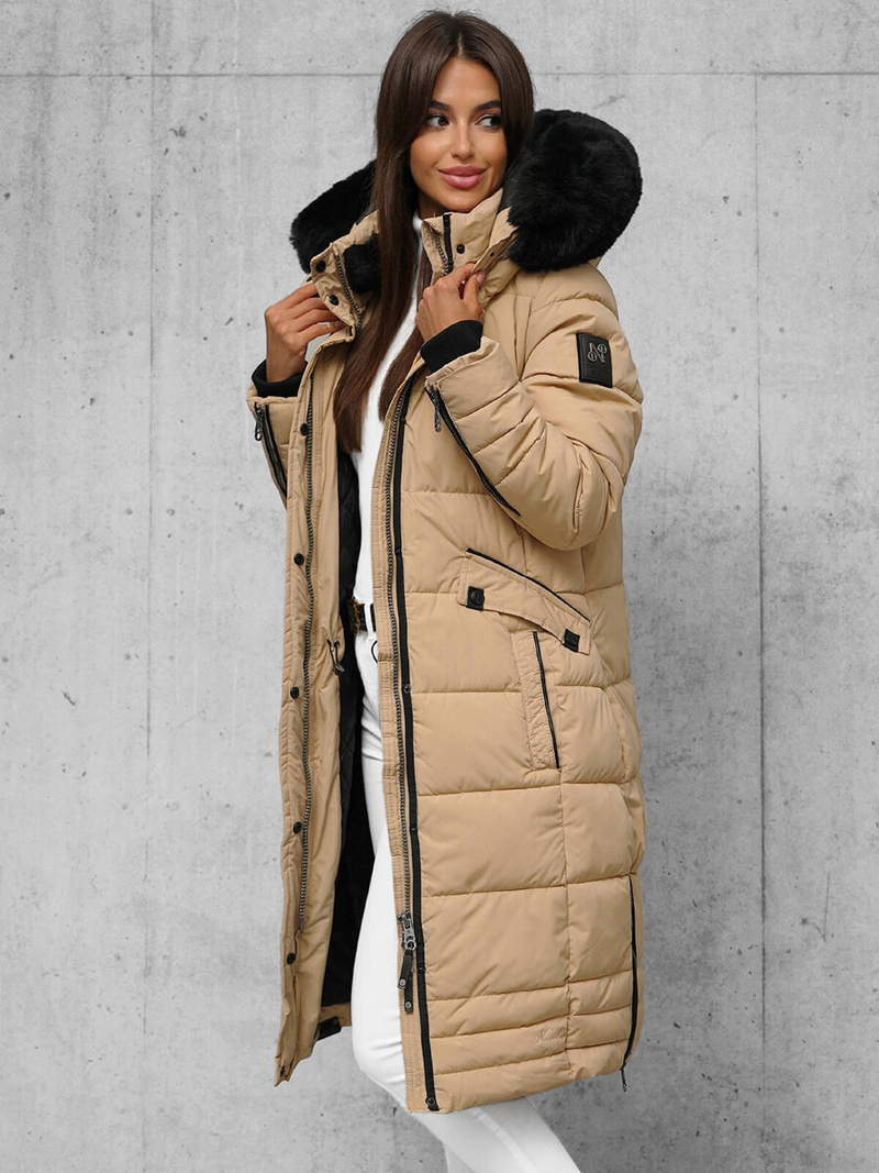 Kurtka zimowa damska długa pikowana beżowa OZONEE O/W377