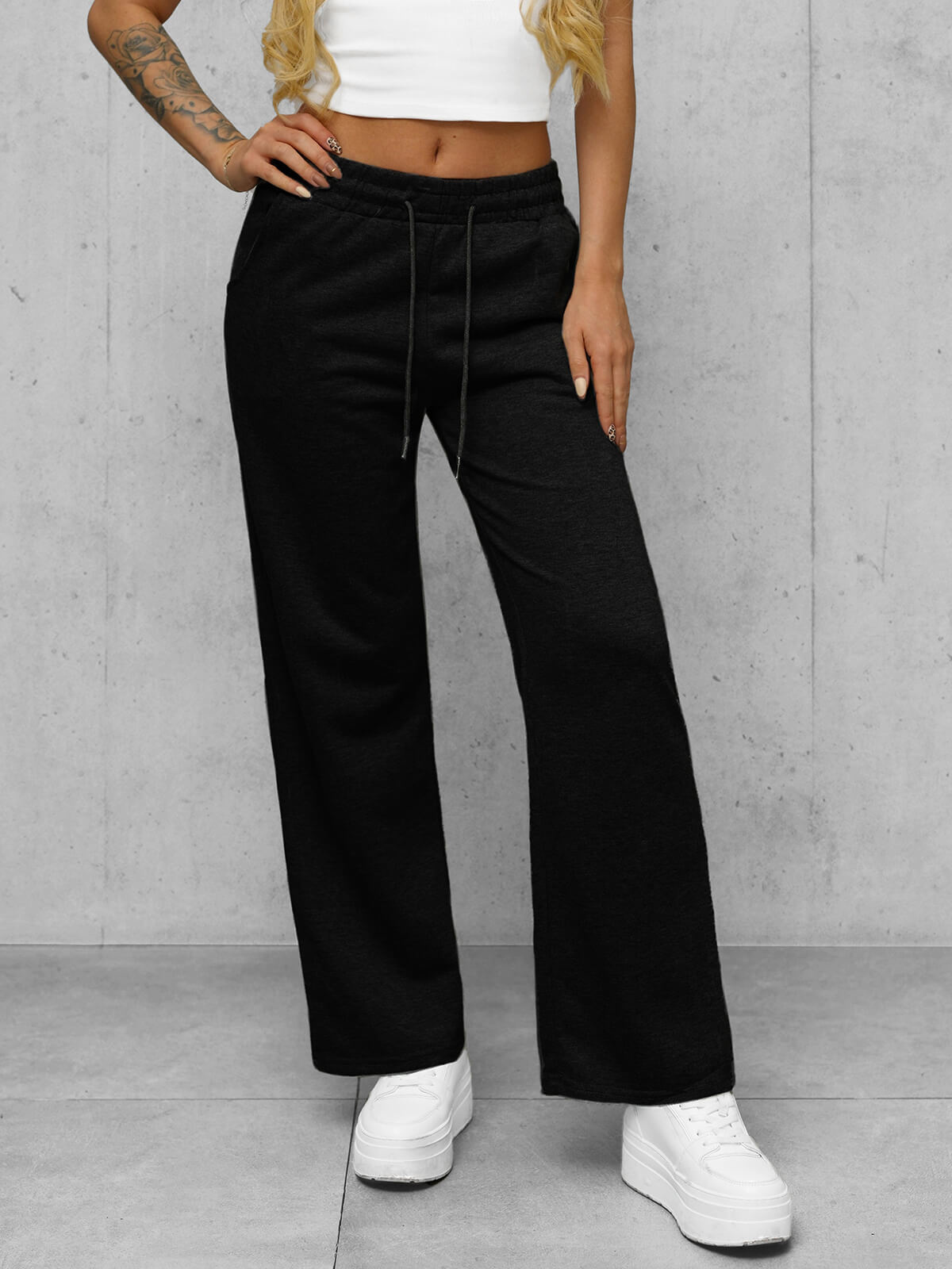 yokunero　0831 Spodnie dresowe damskie z szeroką nogawką czarne OZONEE JS