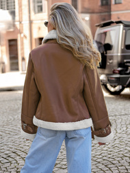 Kurtka skórzana damska z kożuchem brązowa OZONEE JS/11Z8177Z