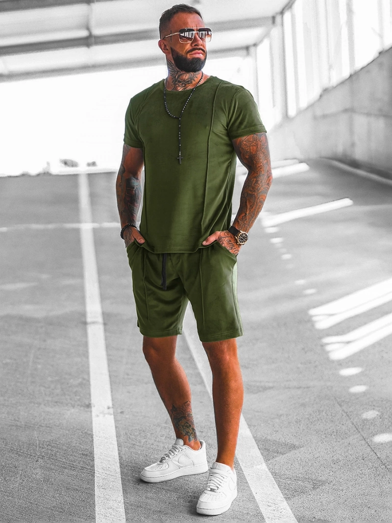 Komplet dresowy męski welurowy khaki OZONEE O/12133Z