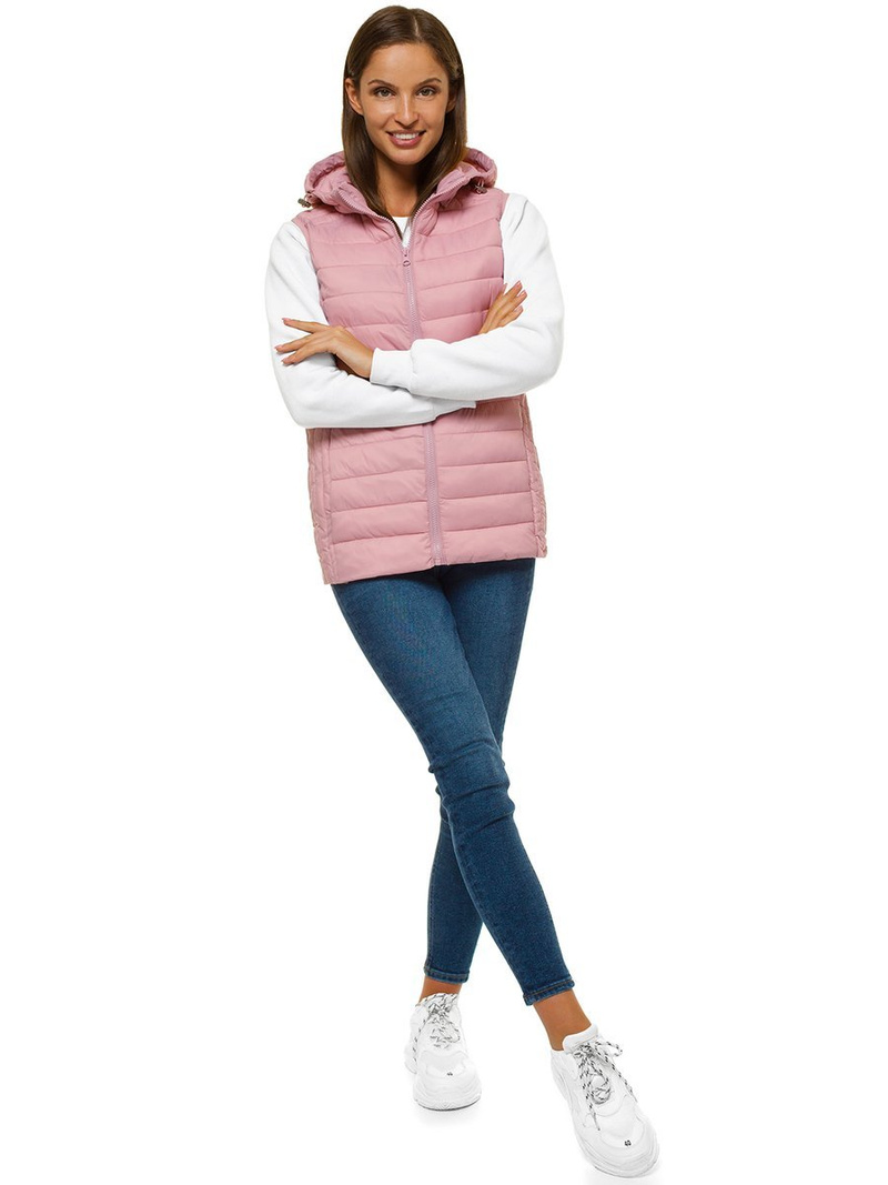 Kamizelka damska pikowana z kapturem pudrowa OZONEE JS/M23039/354