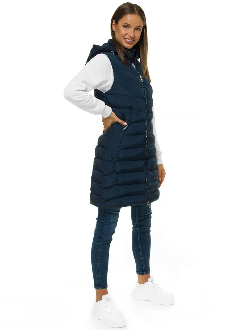 Kamizelka damska długa pikowana z kapturem granatowa OZONEE N/6811/2