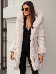 Kurtka zimowa damska długa z futerkiem ecru OZONEE JS/5M3156/254Z