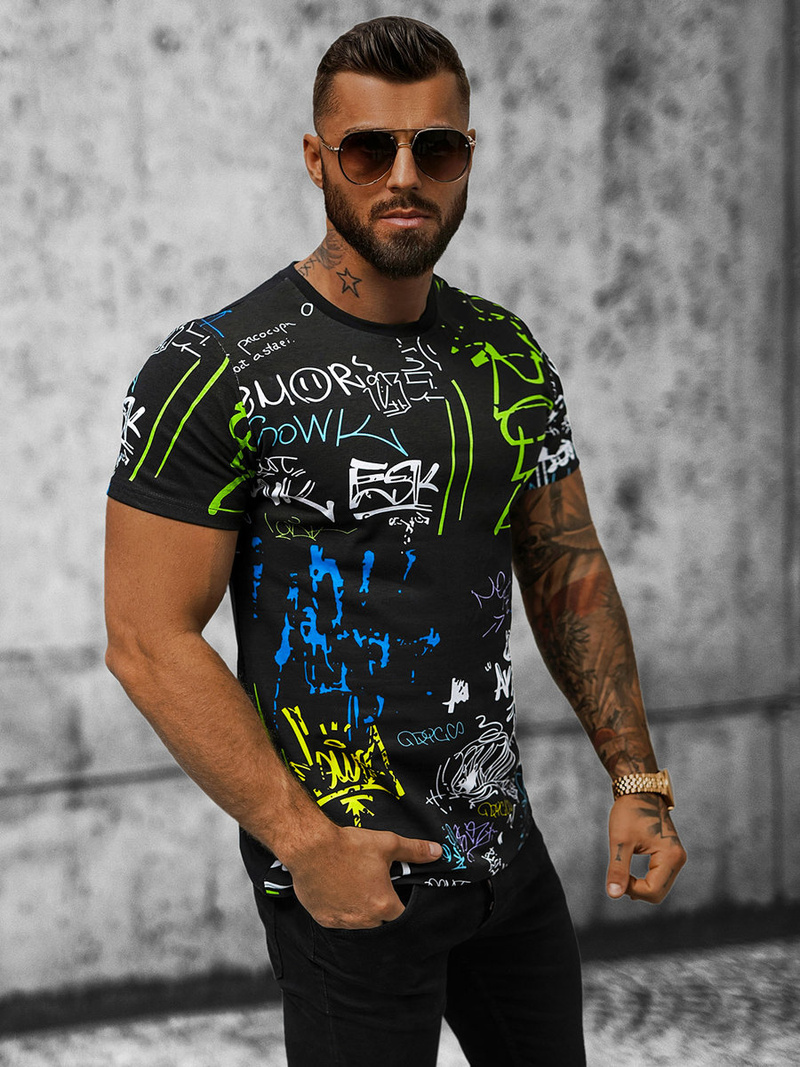 T-shirt męski czarno-zielony OZONEE JS/8T968