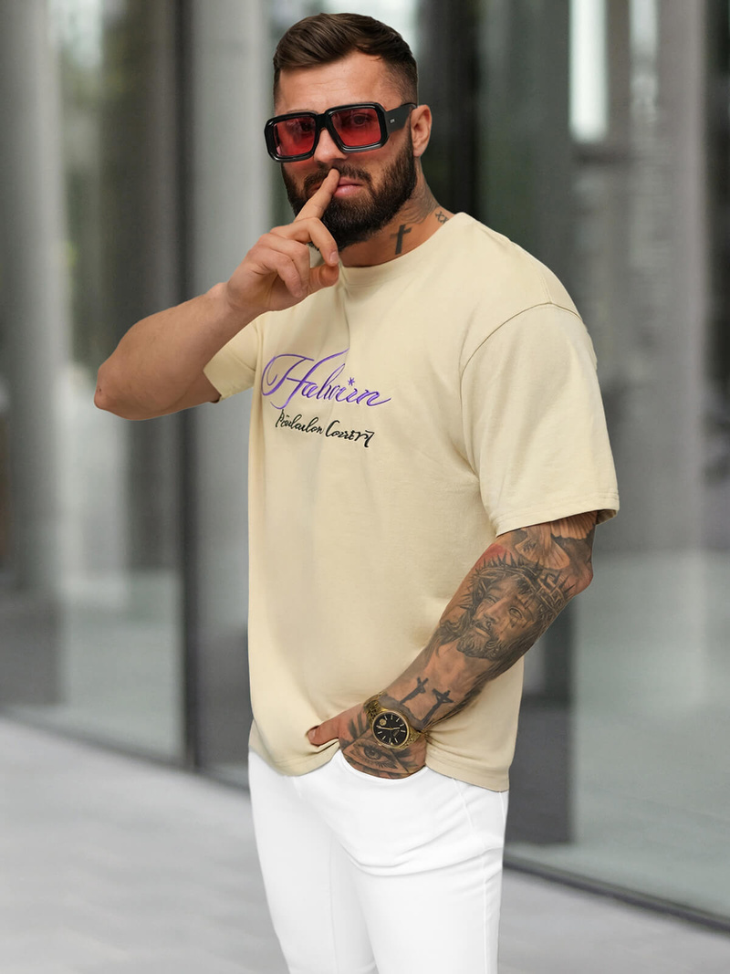T-shirt męski loose fit beżowy OZONEE O/YN2/632