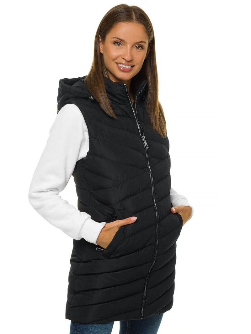 Kamizelka damska długa pikowana z kapturem czarna OZONEE N/6805/1