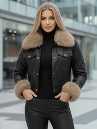 Жіноча шкіряна Kуртка Чорно-Бежева OZONEE JS/61M8513/392B