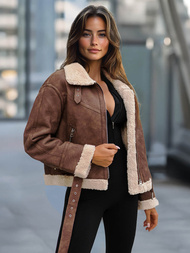 Kurtka skórzana damska z kożuchem brązowa OZONEE O/81331Z
