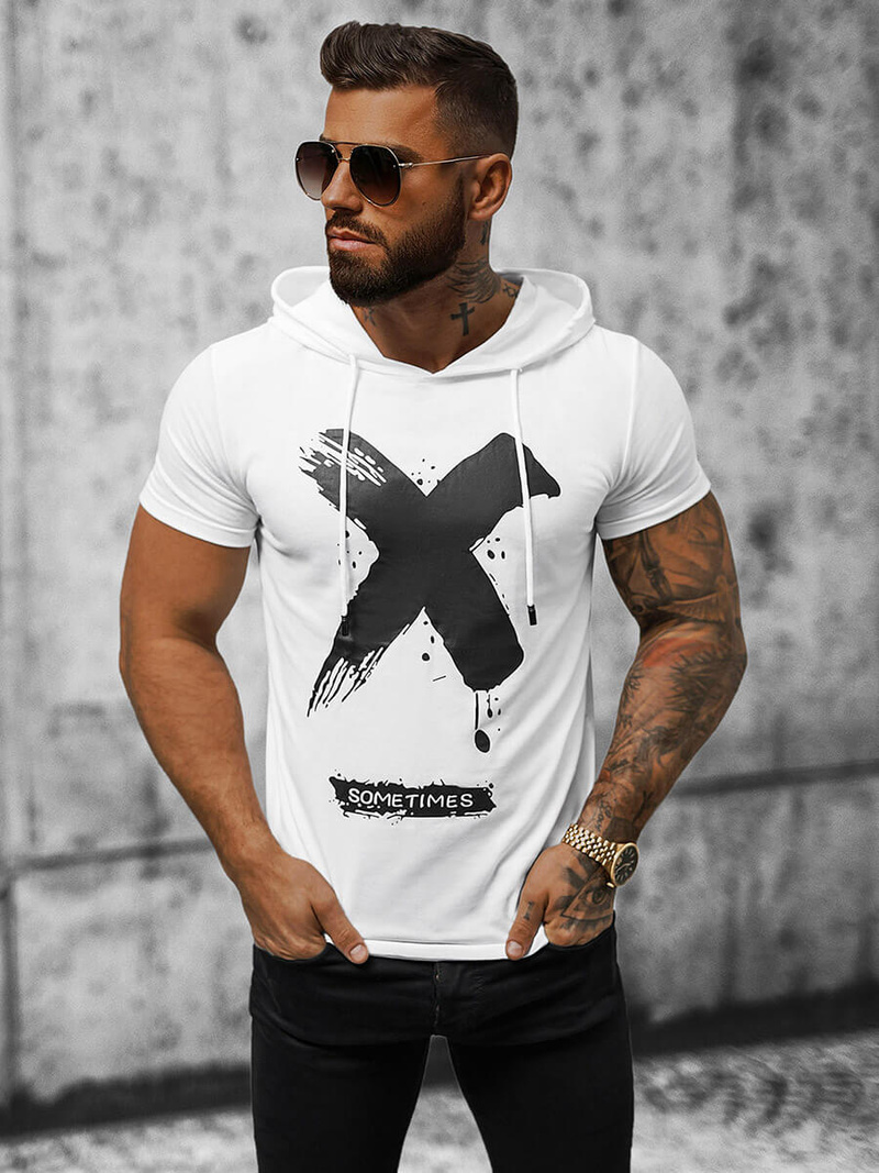 T-shirt męski z kapturem biały OZONEE JS/8T203