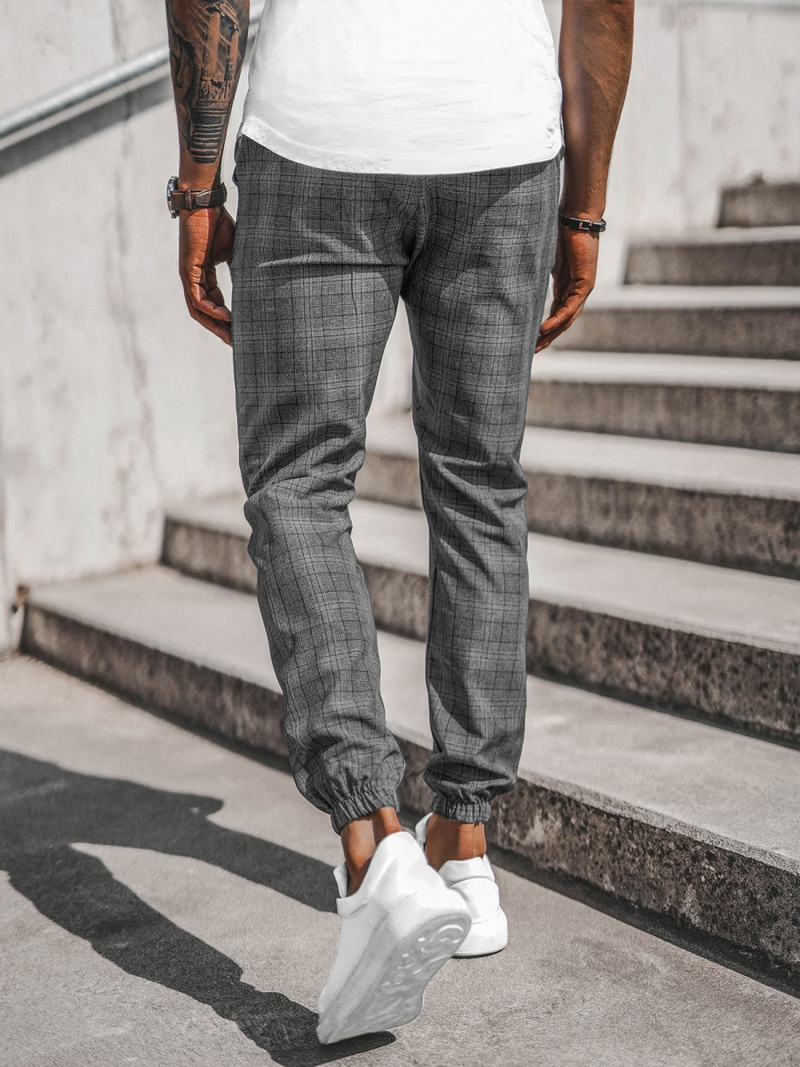 Spodnie męskie chino joggery w kratę grafitowe OZONEE DJ/2290/22Z