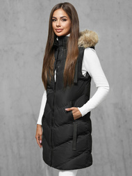 Kamizelka damska długa pikowana z futerkiem czarna OZONEE JS/M787/392