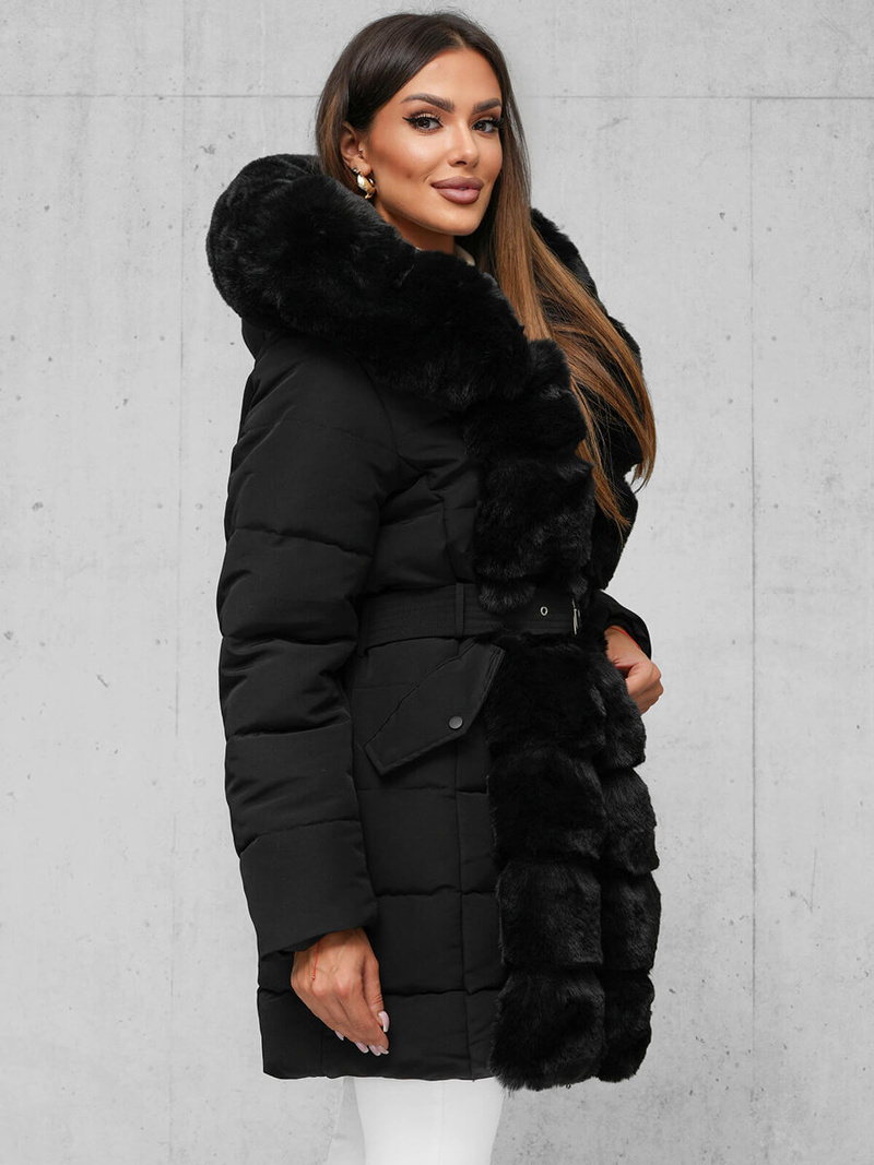 Kurtka zimowa damska długa z futerkiem czarna OZONEE JS/11Z8096Z
