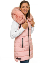 Kamizelka damska długa pikowana z futerkiem jasnoróżowa OZONEE O/M205/58