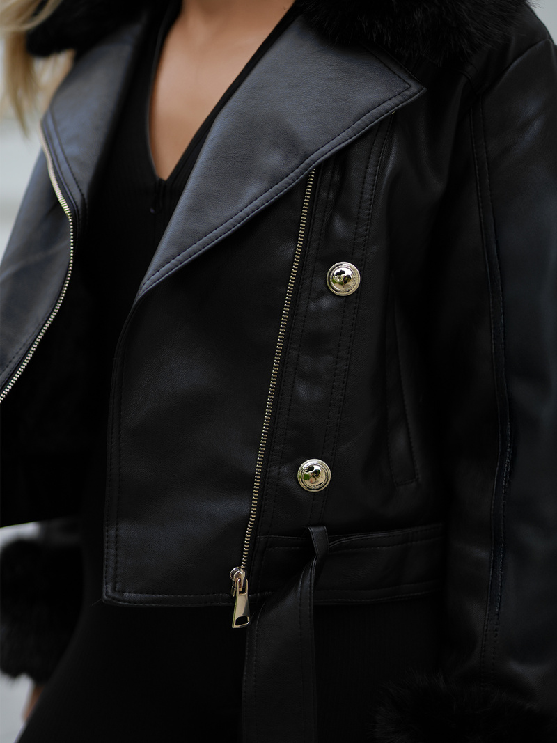 Kurtka ramoneska damska z futerkiem czarna OZONEE JS/61M8512/392A