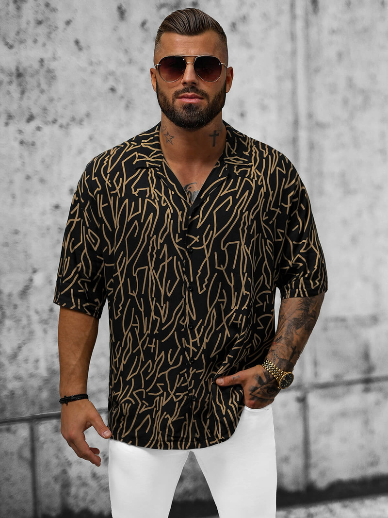 Koszula męska oversize z krótkim rękawem czarna OZONEE O/22202010